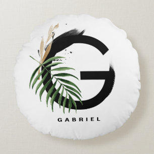 Boho Tropical Greenery Letter G Monogram Round Cushion