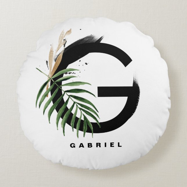 Boho Tropical Greenery Letter G Monogram Round Cushion (Front)