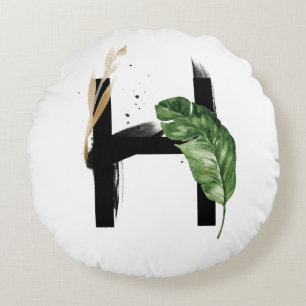 Boho Tropical Greenery Letter H Monogram Round Cushion