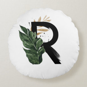 Boho Tropical Greenery Letter R Monogram Round Cushion