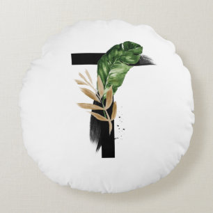 Boho Tropical Greenery Letter T Monogram Round Cushion