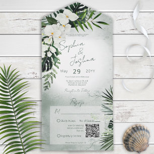 Boho Tropical Greenery Modern Green QR Code All In One Invitation