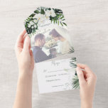Boho Tropical Greenery Modern White Photo Wedding All In One Invitation<br><div class="desc">AVAILABLE WITH OR WITHOUT A QR CODE OR DINNER OPTIONS. This design features beautiful,  lush tropic greenery and white florals on a soft lush green watercolor background. Personalise it with your own special photo. Perfect for the destination or beach wedding. Created by Simply Farmhouse Press.</div>