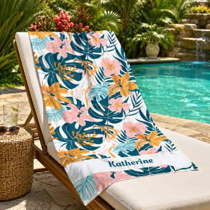 Boho Tropical Leaves Flowers Beach Towel