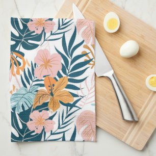 Boho Tropical Leaves Flowers Tea Towel