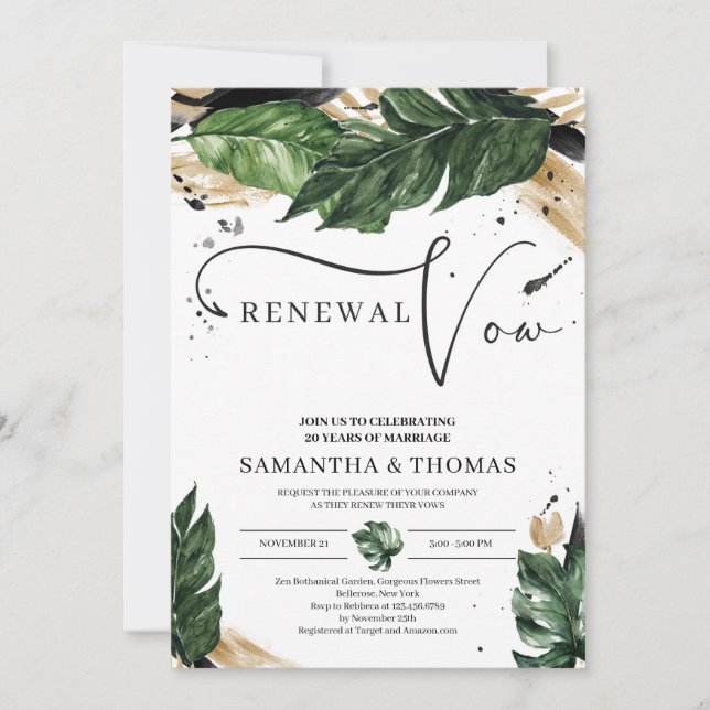 Boho tropical leaves gold black vow renewal invitation (Front)