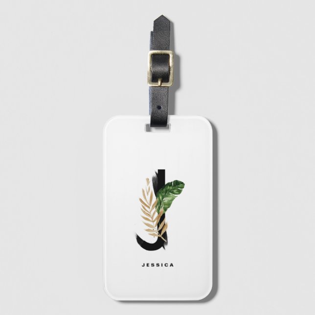 Boho Tropical Leaves Letter J Monogram Bridesmaid Luggage Tag (Front Vertical)