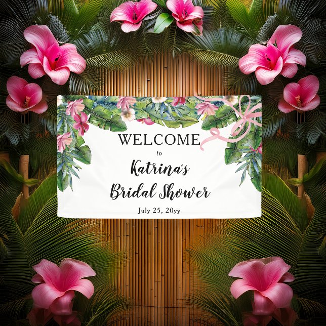 Boho Tropical Leaves | Pink Floral Bridal Shower  Banner (Boho Tropical Hibiscus and Greenery with Pink Coquette Bow Bridal Shower Banner)