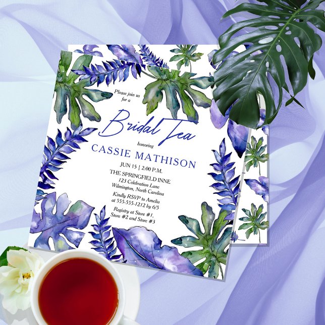 Boho Tropical Leaves Purple | Green Bridal Tea Invitation (Creator Uploaded)