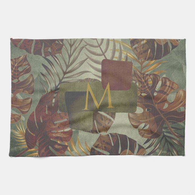 Boho tropical monstera palm leaf 70's summer  tea towel (Horizontal)