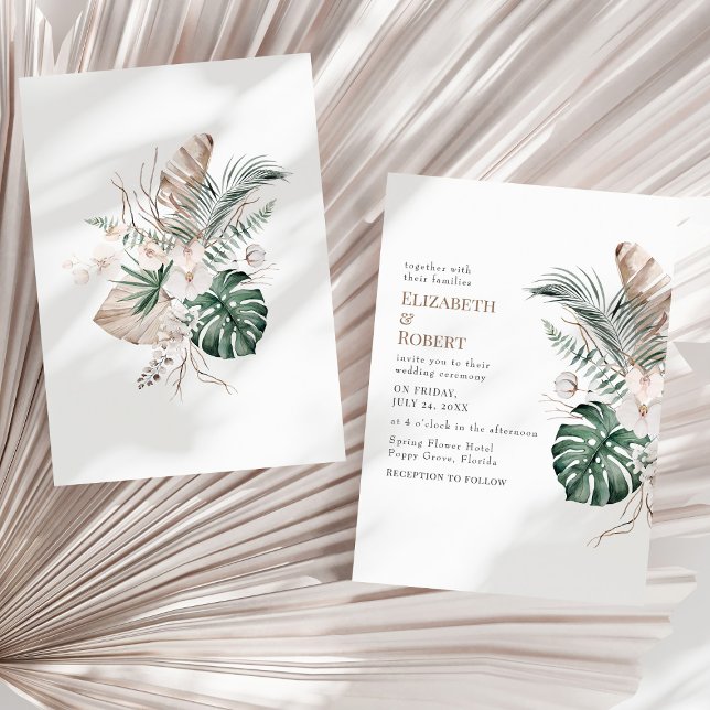 Boho Tropical Orchid and Monstera Wedding Invitation (Boho Tropical Orchid and Monstera Wedding Invitation on a sunny neutral dry palm leaf.)