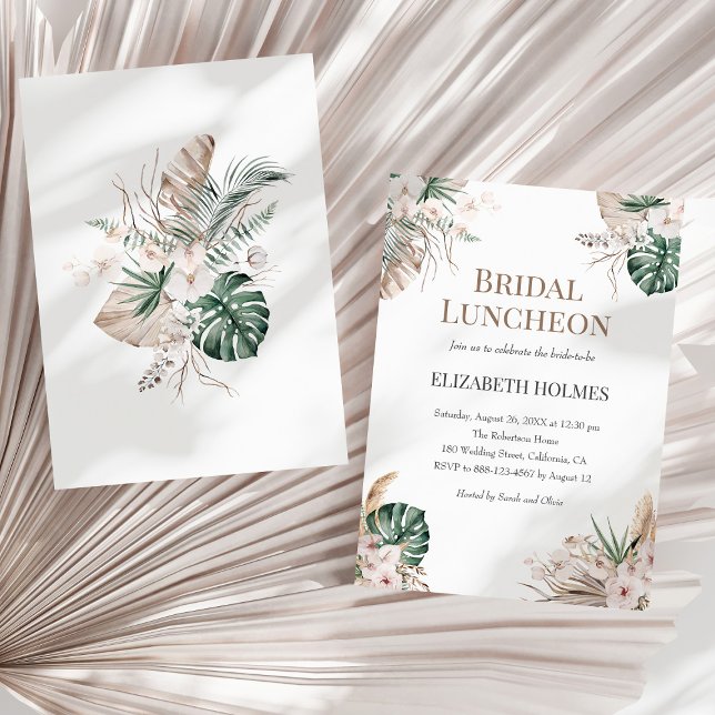 Boho Tropical Orchid Bridal Luncheon Invitation (Boho Tropical Orchid Bridal Luncheon Invitation on a sunny neutral dry palm leaf.)