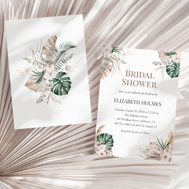 Boho Tropical Orchid Bridal Shower Invitation (Boho Tropical Orchid Bridal Shower Invitation on a sunny neutral dry palm leaf.)