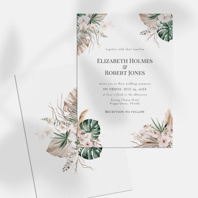 Boho Tropical Orchid & Monstera Wedding Invitation (Boho Tropical Orchid & Monstera Wedding Invitation on a white sunny table.)