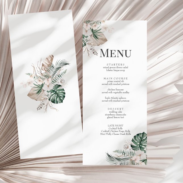 Boho Tropical Orchid & Monstera Wedding Menu Card (Boho Tropical Orchid & Monstera Wedding Menu Card on a sunny white dry palm leaf.)