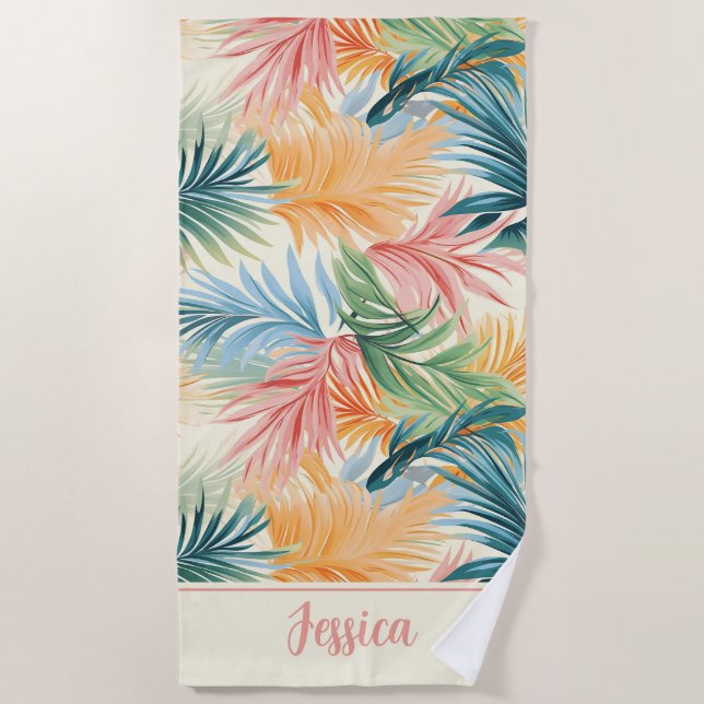 Boho Tropical Palm Leaves Beach Summer Pattern Towel (Front)