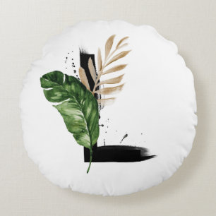 Boho Tropical Palm Leaves Letter L Monogram Round Cushion