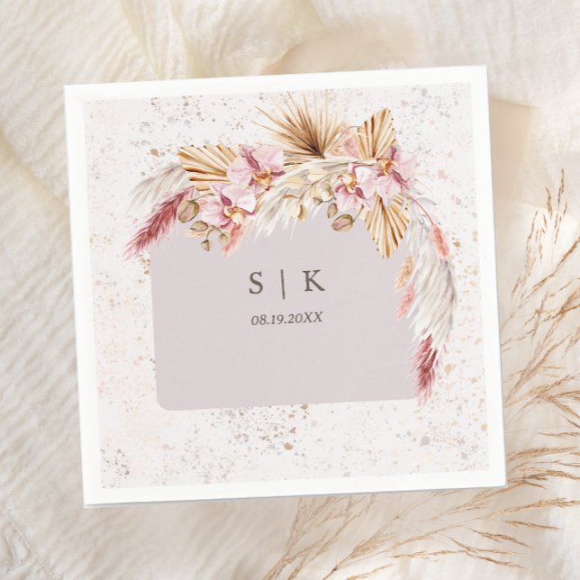 Boho Tropical Pink Floral Monogram Wedding Napkin (Creator Uploaded)