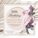 Boho Tropical Pink Parrot Floral 50th Birthday Invitation<br><div class="desc">Plan a memorable 50th birthday celebration (or any other age) with this gorgeous boho tropical theme that is so feminine! This unique square invitation has an exotic pink parrot sitting atop a bouquet of lush tropical flowers that include purple protea and orchids with trailing vines and greenery. A circular frame...</div>