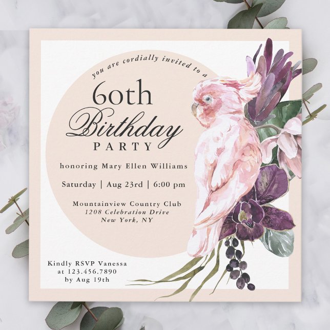 Boho Tropical Pink Parrot Floral 60th Birthday Invitation (Creator Uploaded)