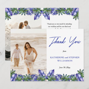 Boho Tropical Purple Green Wedding Photo Thank Y You Card