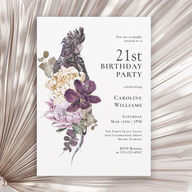 Boho Tropical Purple Parrot 21st Birthday Party Invitation (Available in both printed and instant download digital format.)