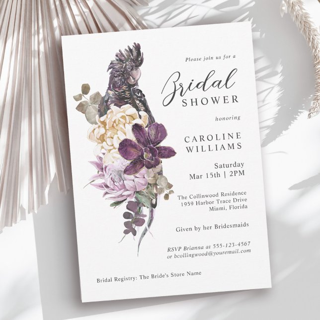 Boho Tropical Purple Parrot Bridal Shower Invitation (Available in printed and instant download digital formats.)