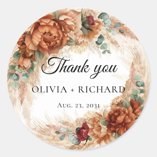 Boho tropical terracotta rusty floral thank you classic round sticker (Front)