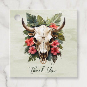 Boho Tropical Watercolor Floral Cow Skull Wedding Favour Tags
