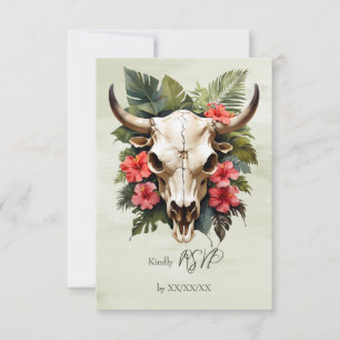 Boho Tropical Watercolor Floral Cow Skull Wedding RSVP Card