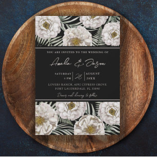 Boho Tropical White Floral & Black Wedding Invitation