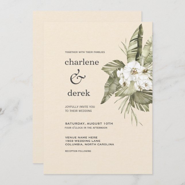 Boho Tropical White Orchid Invitation (Front/Back)