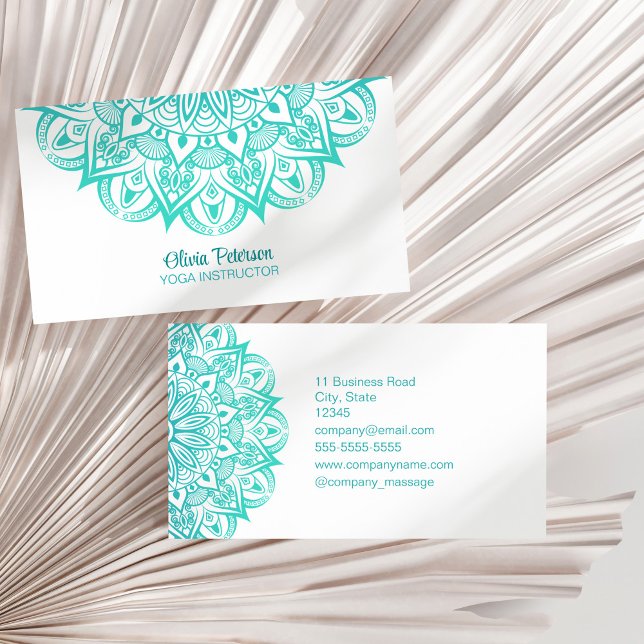 Boho Turquoise and Teal Yoga Instructor Mandala Business Card (Boho Turquoise and Teal Yoga Instructor Mandala Business Card on a dry palm leaf.)