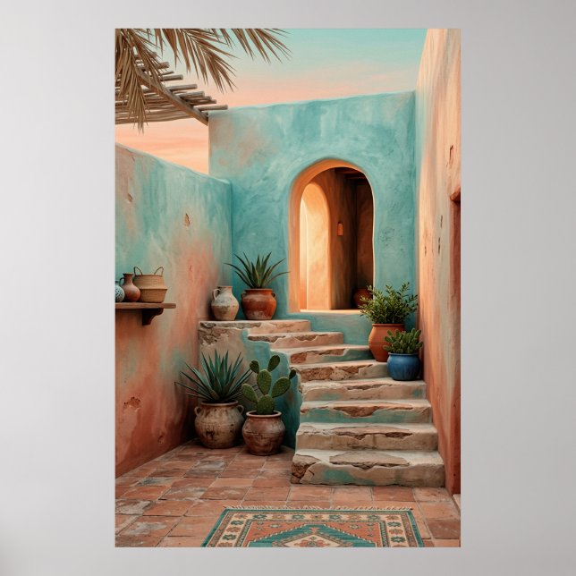Boho Turquoise Desert Courtyard, Rustic Staircase  Poster (Front)