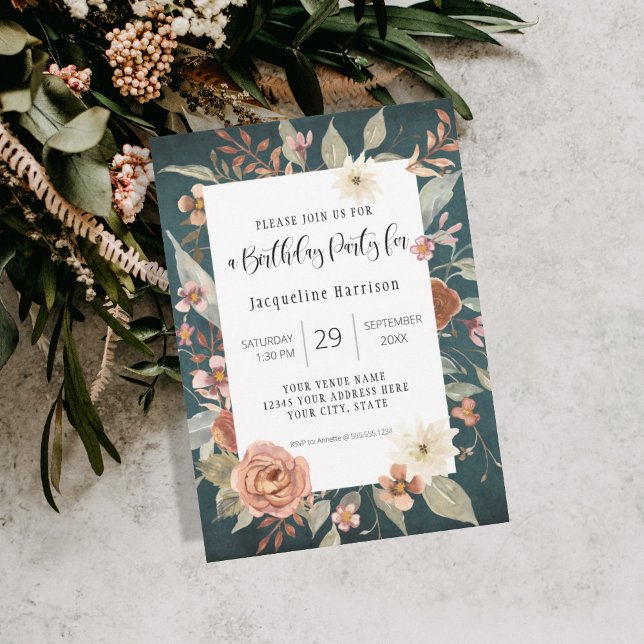 BOHO Turquoise Fall Autumn Floral Birthday Party Invitation (Creator Uploaded)