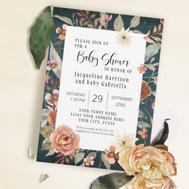 BOHO Turquoise Fall Autumn Floral Girl Baby Shower Invitation (Creator Uploaded)