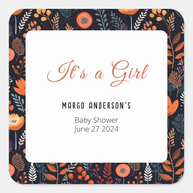 BOHO Turquoise Fall Autumn Floral Girl Baby Shower Square Sticker (Front)