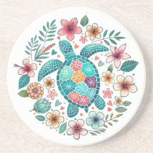 Boho Turquoise Floral Sea Turtle - Coastal Round