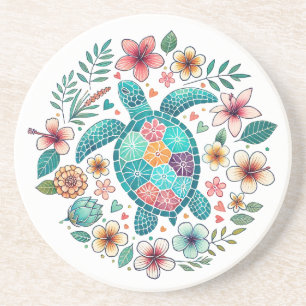 Boho Turquoise Floral Sea Turtle - Coastal Round Coaster