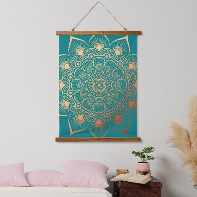 Boho Turquoise Peach Mandala Wood Topped Hanging Tapestry (Bedroom)