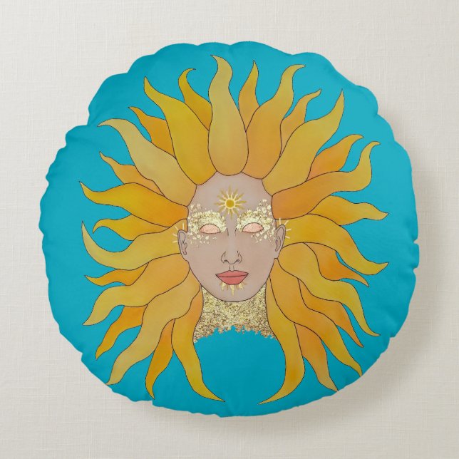 Boho turquoise yellow gold sun inspired cushion (Front)