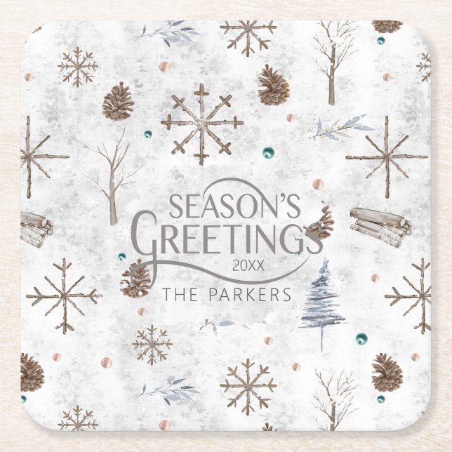 Boho Twigs & Pinecone Christmas ID986 Square Paper Coaster (Front)