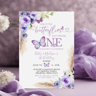 Boho Twin Purple Butterfly First Birthday Floral Invitation