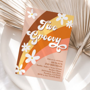 Boho Two Groovy Retro Daisies Rainbow Birthday Invitation