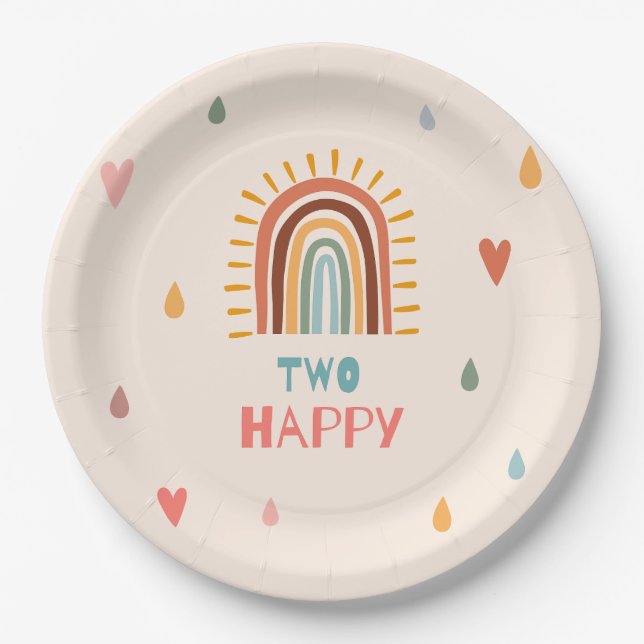 Boho two second Birthday Rainbow  Paper Plate (Front)