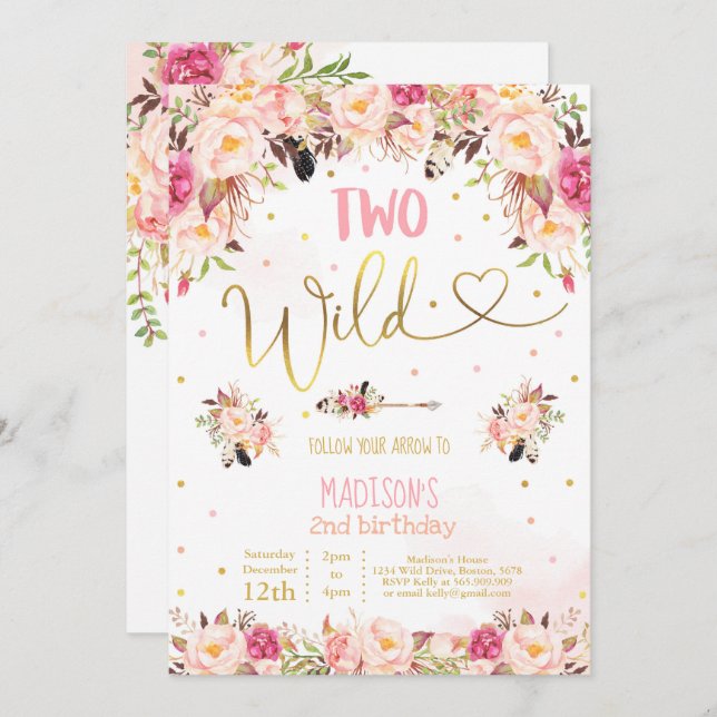 Boho Two Wild Birthday Invitation Watercolor Boho (Front/Back)