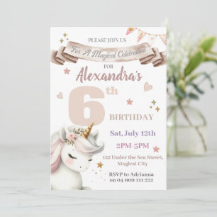 Boho Unicorn Magical Girl 6th Birthday Invitation