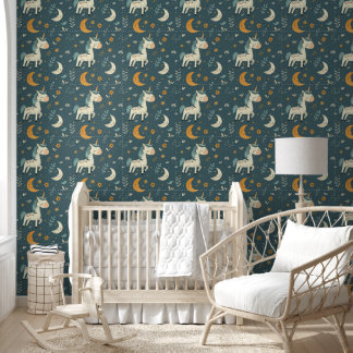 Boho unicorn nursery design, muted dark green wallpaper