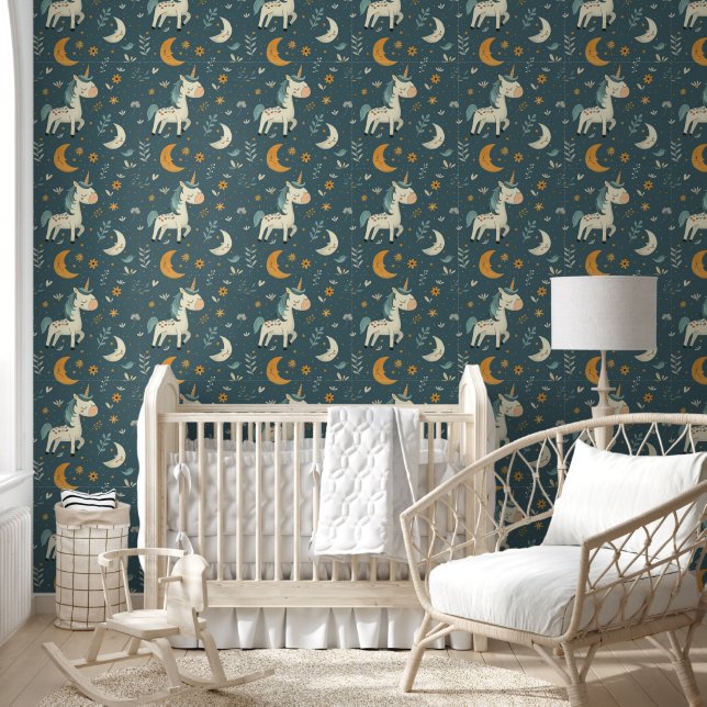 Boho unicorn nursery design, muted dark green wallpaper (Kids)