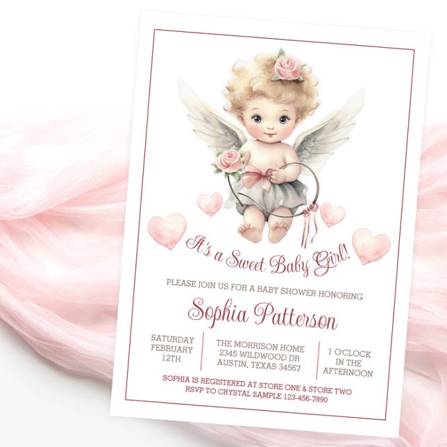 Boho Valentine Sweetheart Cherub Baby Shower Invitation (Sweet angel cherub baby shower invitation.)